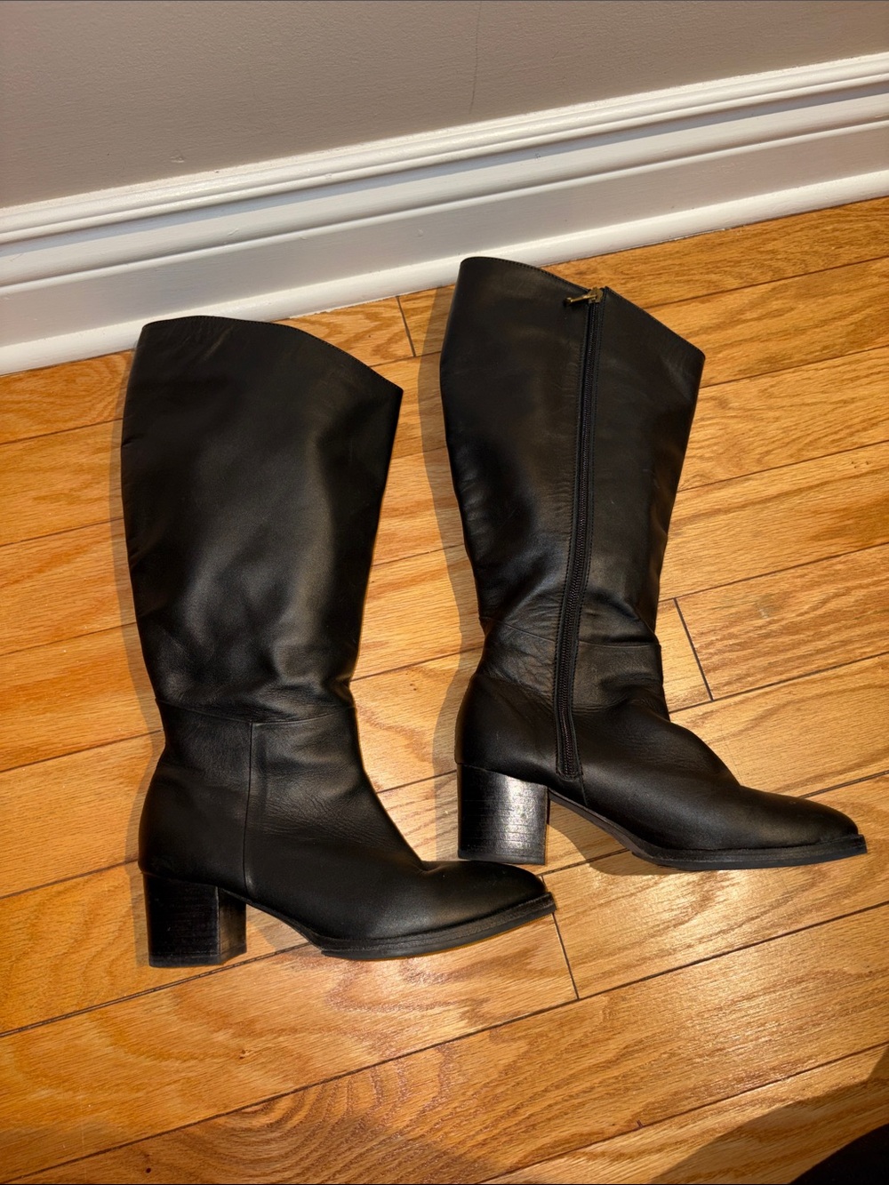 Poppy Barley Black Leather Knee-High Block Heel Boots